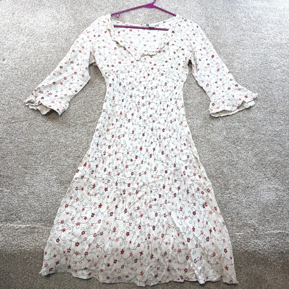 Charlotte Russe Floral Ruffle V-Neck Midi Dress Cream Red Bell Sleeve Womens S